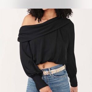 Free People Black Off-the-Shoulder Cropped Sweater